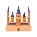 Flat vector icon of royal palace. Castle with high towers and purple conical roof. Element for mobile game or children Royalty Free Stock Photo