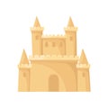 Flat vector icon of royal sand castle. Fortress with towers. Beach vacation. Element for children book or mobile game Royalty Free Stock Photo