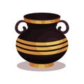 Flat vector icon of shiny black amphora with golden stripes. Ancient jug with two handles and broad neck. Greek pottery Royalty Free Stock Photo