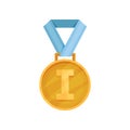 Flat vector icon of shiny golden medal with blue ribbon. First place. Reward for champion of competitions. Royalty Free Stock Photo