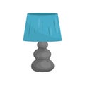 Flat vector icon of small bedside lamp with gray stand and blue lampshade. Modern home decor element