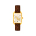 Flat vector icon of stylish women wrist watch with leather strap and golden frame. Elegant female accessory