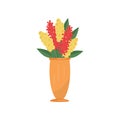 Flat vector icon of tall vase with bright red and yellow flowers and green leaves. Beautiful gift bouquet Royalty Free Stock Photo