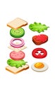 Flat vector icon of tasty sandwich with flying ingredients. Appetizing food for lunch. Delicious snack. Culinary theme