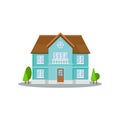 Flat vector icon of three-storey house with big windows, wooden door and roof. Exterior of residential cottage. Modern Royalty Free Stock Photo