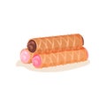 Flat vector icon of three waffle rolls with chocolate and pink cream. Delicious snack for breakfast. Sweet and tasty