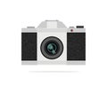 Flat vector icon of vintage SLR-camera with optical lens. Retro device with texture Royalty Free Stock Photo