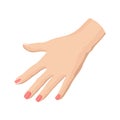 Flat vector icon of woman s hand with bright pink fingernails. Fresh manicure. Element for poster or flyer of spa or