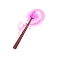 Flat vector icon of wooden magic wand with pink precious stone. Stick with magical glow. Witchcraft theme Royalty Free Stock Photo