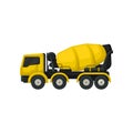 Flat vector icon of yellow concrete mixing truck. Large vehicle with rotating container. Machine using in construction