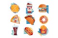 Flat vector icons with fast food and drinks. Sandwich, coffee, hamburger, pizza, tacos, donut, soda, hot dog and french