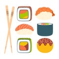 flat vector illustration with asian food, sushi set Royalty Free Stock Photo