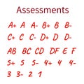 Flat vector illustration - assessments. School grades results in red on white background