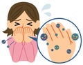 Flat vector illustration of bad example of cough etiquette is to control coughing and sneezing by hand