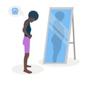 Flat vector illustration of a black skinny girl with low self-esteem standing in front of a mirror. The girl looks into