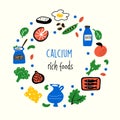 Flat vector illustration of Calcium rich foods. Green vegetables. Round composition.