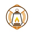 Vintage camping lantern icon with flame inside a circle and triangle frame design Royalty Free Stock Photo