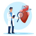 Flat vector illustration. A cardiologist holding a large magnifying glass and studying the health of the heart