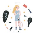 Flat vector illustration in childish style. Hand drawn tennis player, gear and equipment. Royalty Free Stock Photo