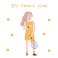 Flat vector illustration in childish style. Hand drawn tennis player. Its tennis time Royalty Free Stock Photo