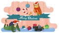 Flat vector illustration for Christmas and new year design little people in costumes of elf assistants lies under the sign with