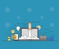 Successful startup business concept. Vector illustration with rocket launch and laptop on winter background. Royalty Free Stock Photo