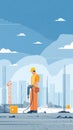 flat vector illustration of a construction site with an construction worker operating a jackhammer. Royalty Free Stock Photo
