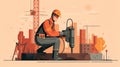 flat vector illustration of a construction site with an construction worker operating a jackhammer Royalty Free Stock Photo