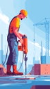 flat vector illustration of a construction site with an construction worker operating a jackhammer. Royalty Free Stock Photo