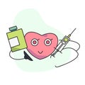 flat vector illustration, cute heart holding vaccine injection with stethoscope and pill container Royalty Free Stock Photo