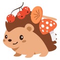 Flat vector illustration. Cute hedgehog with berries and mushrooms on his back. Children's autumn illustration Royalty Free Stock Photo