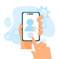 Illustration of inviting friends by sharing a link via smartphone. Flat style vector. Royalty Free Stock Photo
