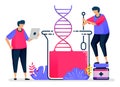 Flat vector illustration of dna experiments with glass chemistry. Biology and genetics learning. Design for healthcare. Can be