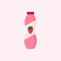 Flat vector illustration of drinkable strawberry yogurt in plastic pink bottle with red cap. Royalty Free Stock Photo