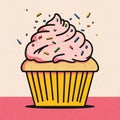 Flat vector illustration of an exciting cupcake with pink frosting and exploding sprinkles. Royalty Free Stock Photo