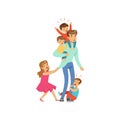 Cartoon exhausted father with his four little naughty kids Royalty Free Stock Photo