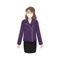 Flat vector illustration of a fashionable girl in a purple leather jacket and protective masks against viruses. Prevention of the