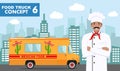 Flat vector illustration of food truck and cook on background with cityscape. Traditional Mexican street cuisine. Auto Royalty Free Stock Photo