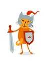Funny orange Cat Knight with a blade and shield on white background. Vector illustration Royalty Free Stock Photo