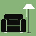 Flat vector illustration. Furniture icon. Comfortable chair with a floor lamp.