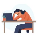 Flat vector illustration. girl sitting at the computer holding her head, headache, burnout at work, depression