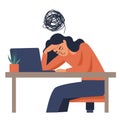 Flat vector illustration. girl sitting at the computer holding her head, headache, burnout at work, depression