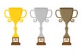 Flat vector illustration of gold silver and bronze trophy cup on white background Royalty Free Stock Photo