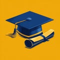 Flat vector illustration of a graduation cap and diploma scroll on a vibrant yellow background. Royalty Free Stock Photo