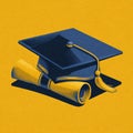 Flat vector illustration of a graduation cap and diploma scroll on a yellow background, education. Royalty Free Stock Photo