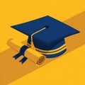 Flat vector illustration of a graduation cap and diploma scroll on a yellow background. Royalty Free Stock Photo