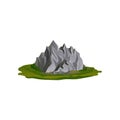 Flat vector illustration of gray rocky mountain surrounded with green grass. Nature environment. Climbing or Royalty Free Stock Photo