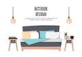 Flat vector illustration - Home interior. Cozy bedroom with bed, pillows, curbstone and paintings. Stylish apartments in retro st