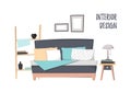 Flat vector illustration - Home interior. Cozy bedroom with bed, pillows, curbstone, stairs and paintings. Stylish apartments in