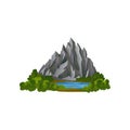 Flat vector illustration of large gray rocky mountain and small lake surrounded with green plants. Natural landscape